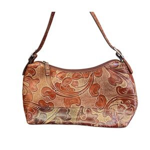 90s Wilsons Leather Shoulder Bag Set Wallet Tooled Floral Boho Western Cognac